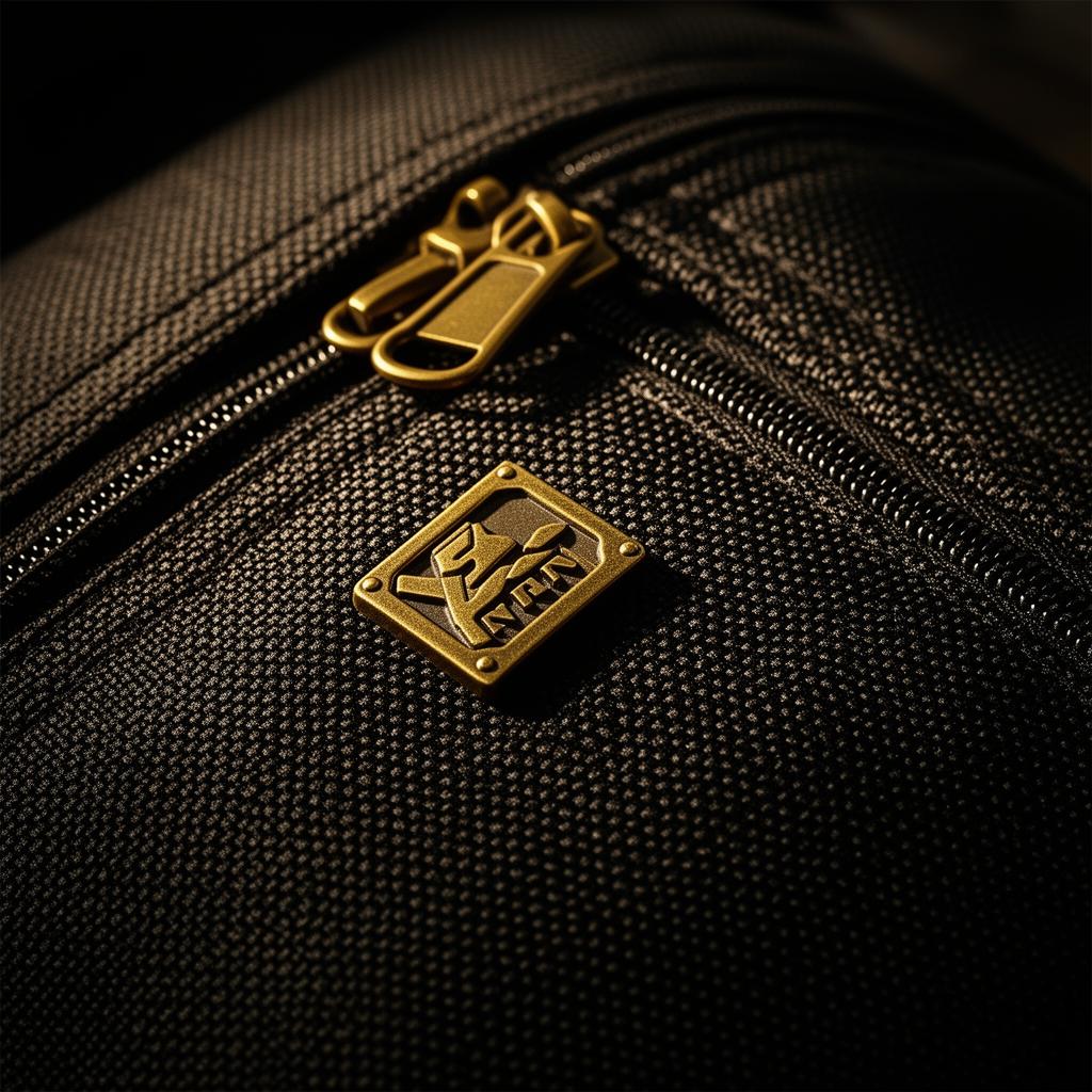 Macro detail of ballistic nylon weave and brass hardware on a Walkyjoy bag