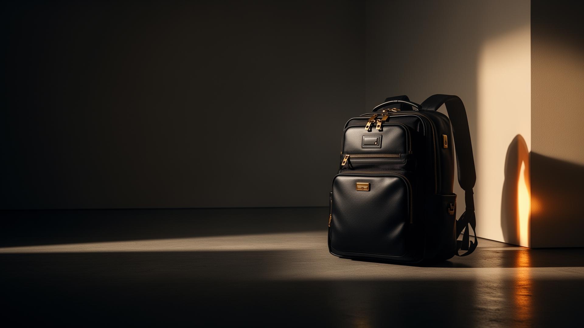 Walkyjoy Voyager Pro — premium black travel backpack in a cinematic architectural setting